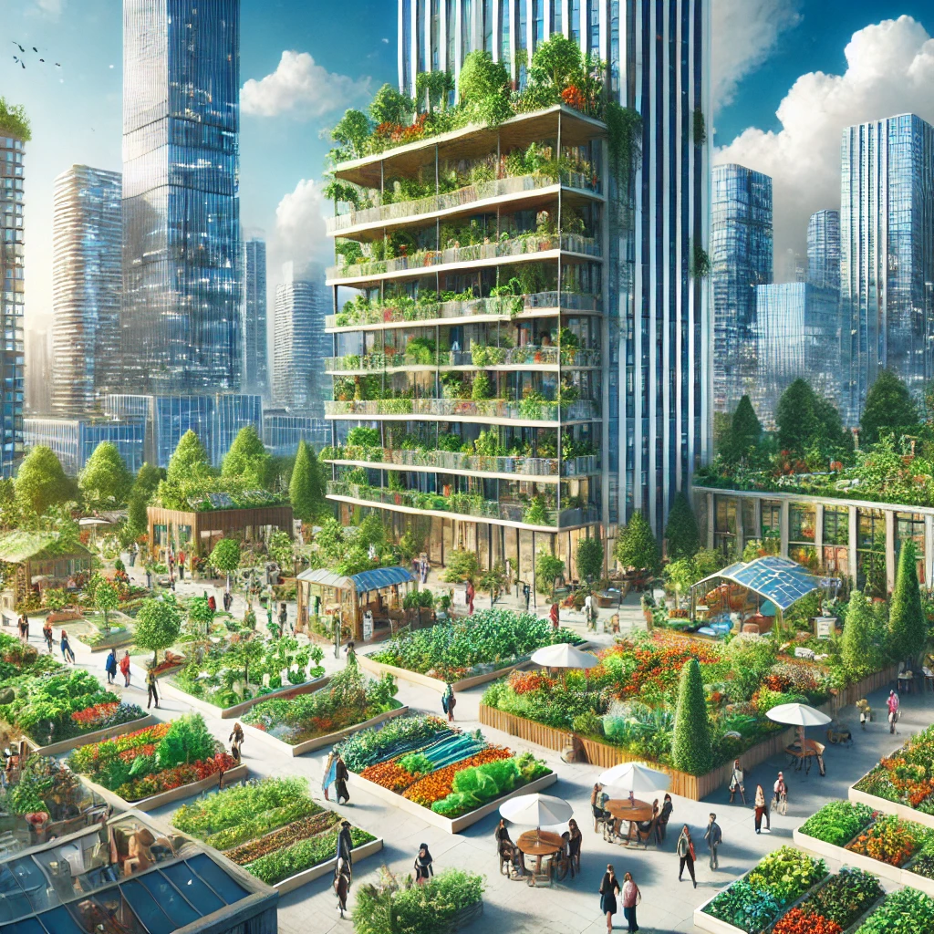 Scène d'agriculture urbaine dans une ville moderne avec des jardins sur les toits, des fermes verticales et des potagers communautaires.