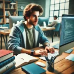 Un autodidacte en France devant un ordinateur, entouré de livres et de notes, illustrant l'auto-apprentissage et la persévérance.