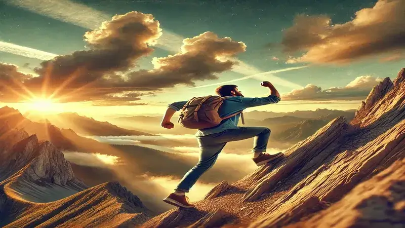 Autodidacte en France gravissant une montagne symbolisant les défis du système éducatif, surmontant les obstacles liés au diplôme pour atteindre le sommet du succès.