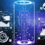 Représentation futuriste de l'avenir de la santé avec l'intelligence artificielle, la télémédecine et les innovations médicales avancées.