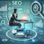 Illustration moderne d'une personne travaillant sur la création de contenu web, avec des éléments SEO et marketing numérique, incluant des graphiques et des icônes de médias sociaux.