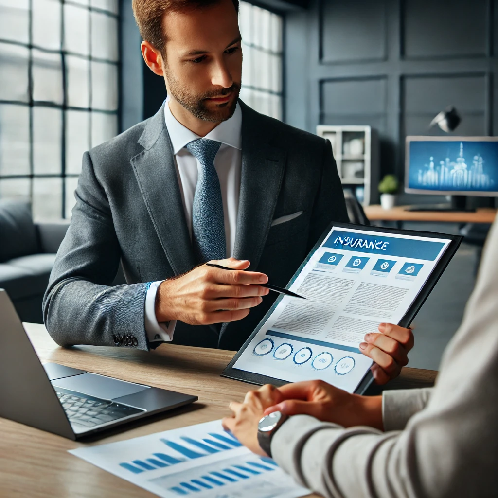 Courtier en assurances professionnel conseillant un client dans un bureau moderne, analysant des contrats d'assurance sur un ordinateur portable.