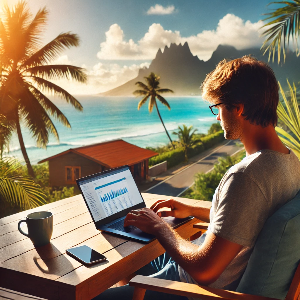 Rédacteur web freelance digital nomad à La Réunion travaillant sur un ordinateur en télétravail avec un paysage tropical.