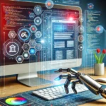 Illustration futuriste de la création d’un site web avec un écran d’ordinateur affichant une interface en construction, des lignes de code et des éléments graphiques.