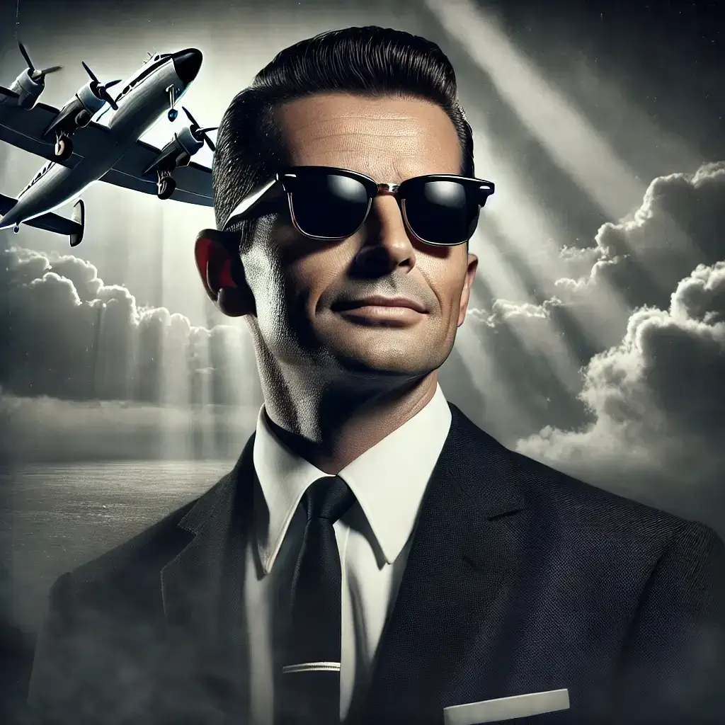 Image de DB Cooper, le célèbre fugitif non identifié, capturé dans un style cinématographique et noir.