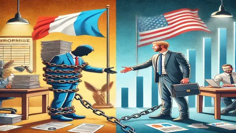 Image contrastant l'entrepreneuriat en France et aux États-Unis : un entrepreneur français écrasé par la bureaucratie et refusé par une banque, tandis qu'un entrepreneur américain serre la main d'un investisseur dans un environnement dynamique et prospère.