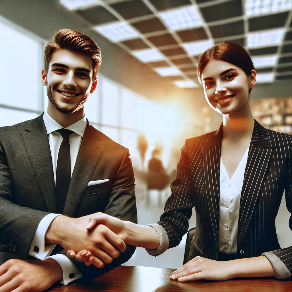 une poignée de main chaleureuse entre deux personnes en tenue élégante, dans un environnement professionnel lumineux, symbolisant une bonne première impression.