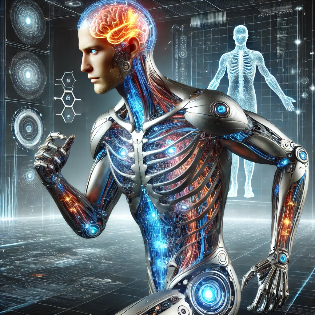 l'humain augmenté avec implants bioniques et exosquelette futuriste