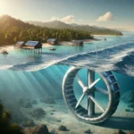 Illustration réaliste d'une hydrolienne sous-marine installée près des côtes en mer à Madagascar, exploitant l' énergie des courants marins. La scène montre une turbine moderne, un littoral tropical en arrière-plan et un village côtier, illustrant l'impact positif des énergies renouvelables sur les communautés locales.