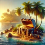 Île tropicale avec un coffre au trésor en bois débordant de pièces d'or, entourée d'une mer calme et de palmiers sous un coucher de soleil doré.