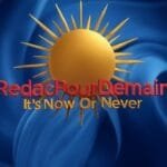 Logo de RedacPourDemain avec le slogan "It's Now Or Never", sur un fond bleu avec un soleil levant.