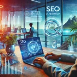 Un rédacteur professionnel en pleine rédaction SEO sur son ordinateur, avec des outils d'analyse et un paysage tropical en arrière-plan représentant La Réunion.