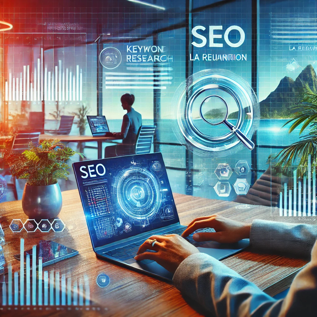 Un rédacteur professionnel en pleine rédaction SEO sur son ordinateur, avec des outils d'analyse et un paysage tropical en arrière-plan représentant La Réunion.