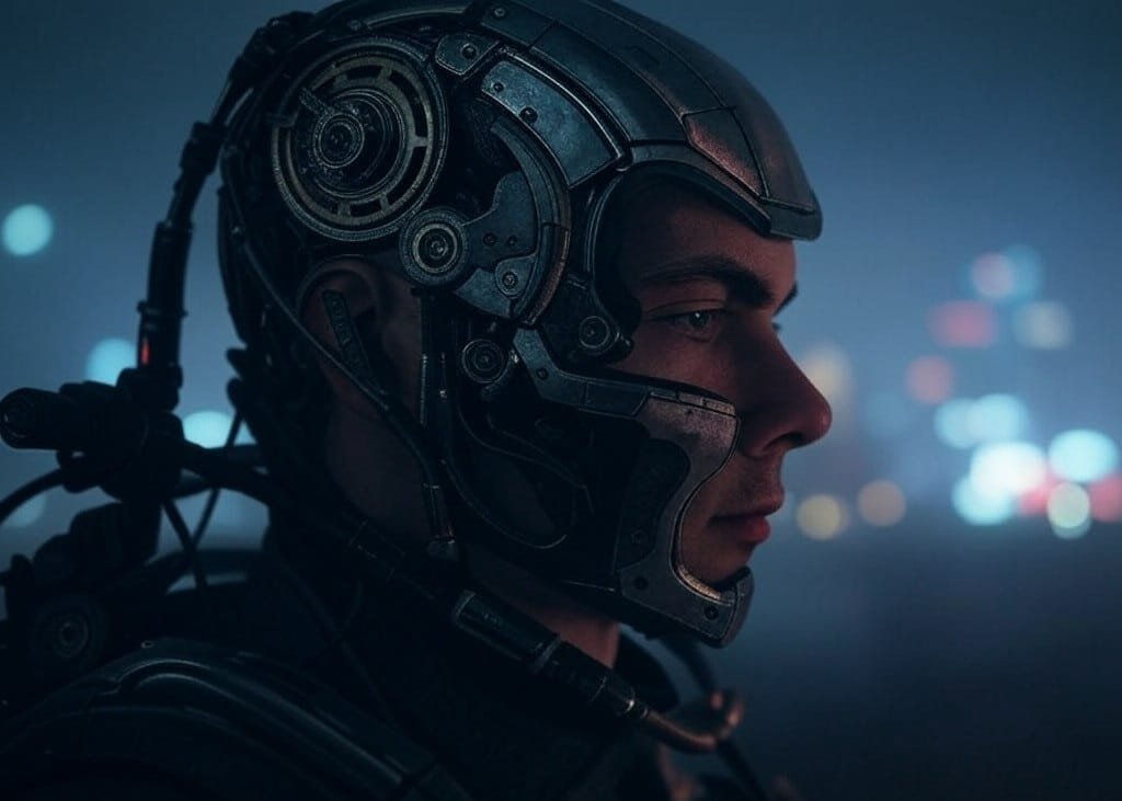 Soldat augmenté avec exosquelette et implant neuronal dans un contexte militaire.