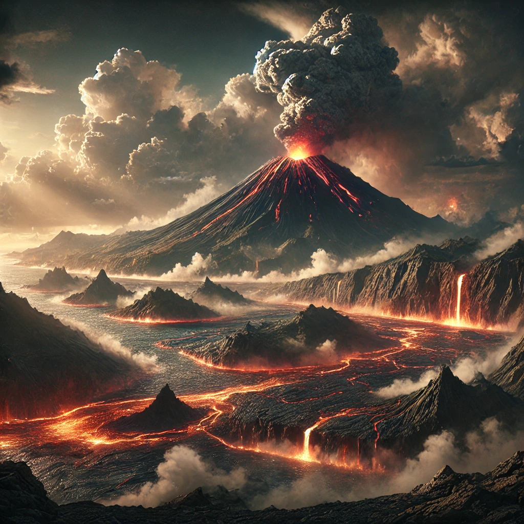 Éruption volcanique du Piton de la Fournaise illustrant la naissance de l'île de La Réunion, avec des coulées de lave se jetant dans l'océan sous un ciel dramatique.