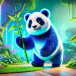 Un panda bleu vibrant se tenant sur un fond de forêt verte luxuriante, avec un regard curieux et un bambou dans la main. L'animal, aux couleurs éclatantes, se distingue dans un décor tropical paisible.