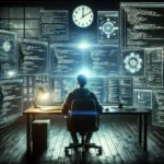 Personne déterminée travaillant tard sur un ordinateur, plongée dans le code, symbolisant la persévérance et l'apprentissage hors de son domaine d'expertise.