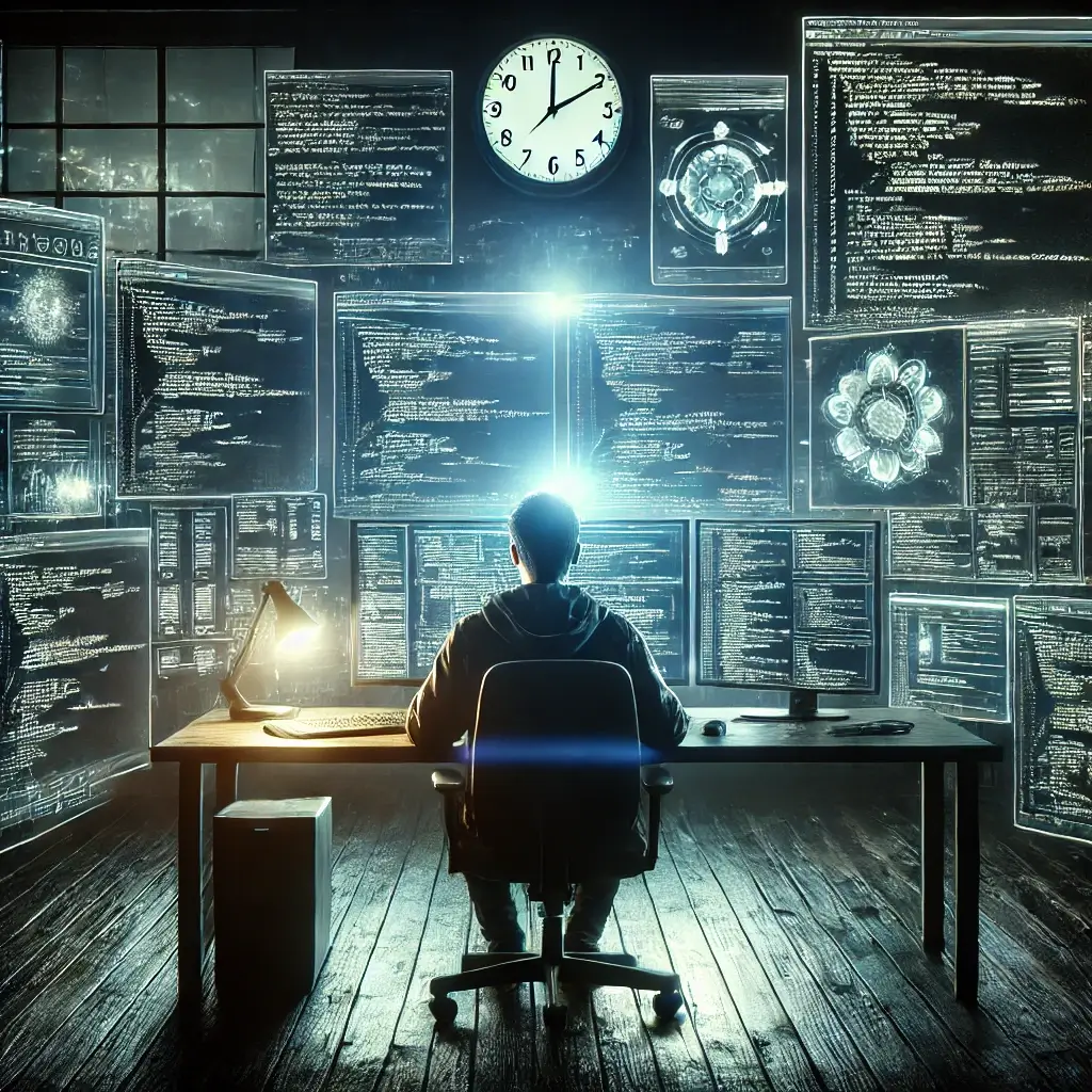 Personne déterminée travaillant tard sur un ordinateur, plongée dans le code, symbolisant la persévérance et l'apprentissage hors de son domaine d'expertise.