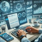 Rédacteur freelance WordPress à La Réunion travaillant sur un site optimisé SEO, avec des graphiques de référencement affichés en arrière-plan.
