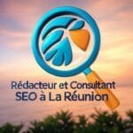 Logo de Rédacteur et Consultant SEO à La Réunion, avec une loupe symbolisant l'optimisation pour les moteurs de recherche.