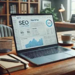 Un gain de temps et d'argent avec un Bureau moderne avec un ordinateur portable affichant du contenu SEO en cours de rédaction par un freelance, accompagné d'outils de travail.
