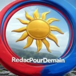 Logo de RedacPourDemain, entouré d'un anneau rouge et bleu avec un soleil doré au centre, symbolisant la rédaction web SEO à La Réunion et la visibilité en ligne.