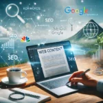 La Réunion rédaction web : Un ordinateur portable affichant un article en cours de rédaction, avec des icônes SEO