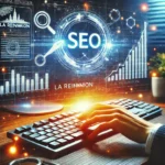 Espace de travail numérique futuriste avec un clavier, un graphique SEO lumineux et une main tendue, représentant l'expertise en rédaction web SEO à La Réunion.