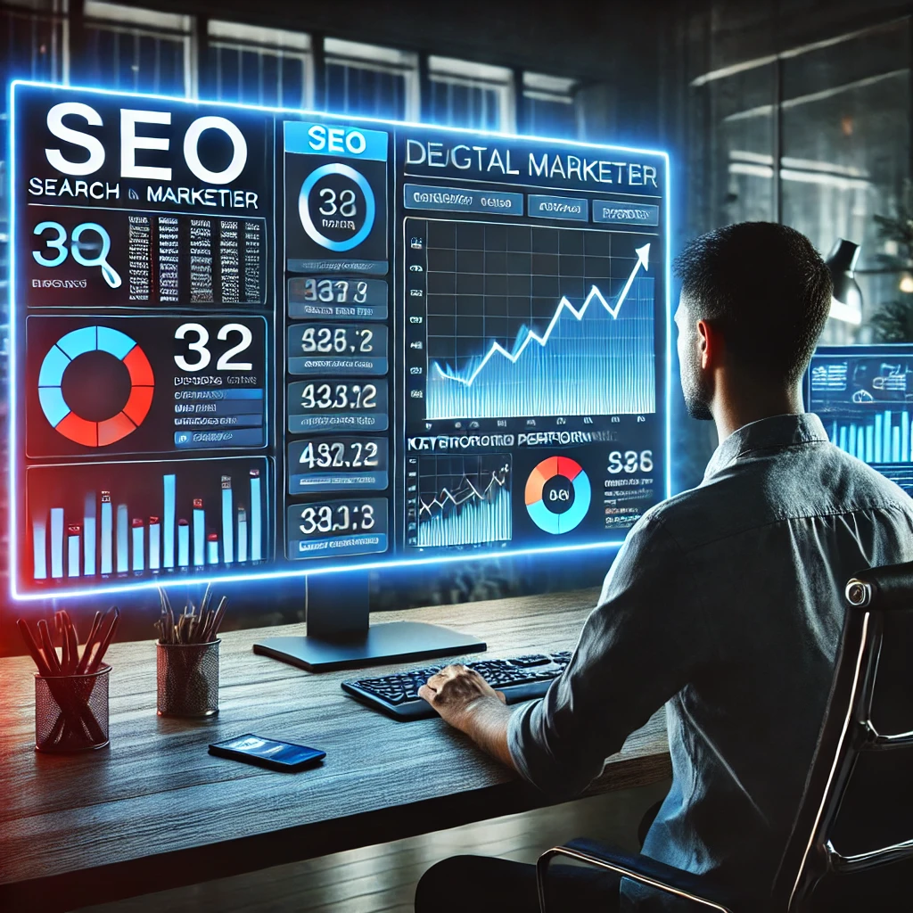 Un professionnel du marketing digital analyse des données SEO sur un grand écran, affichant le classement des moteurs de recherche, la performance des mots-clés et les métriques du trafic web.