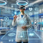 Santé et high-tech. Professionnel de santé interagissant avec une interface holographique avancée, illustrant l'intégration de l'IA et des technologies médicales