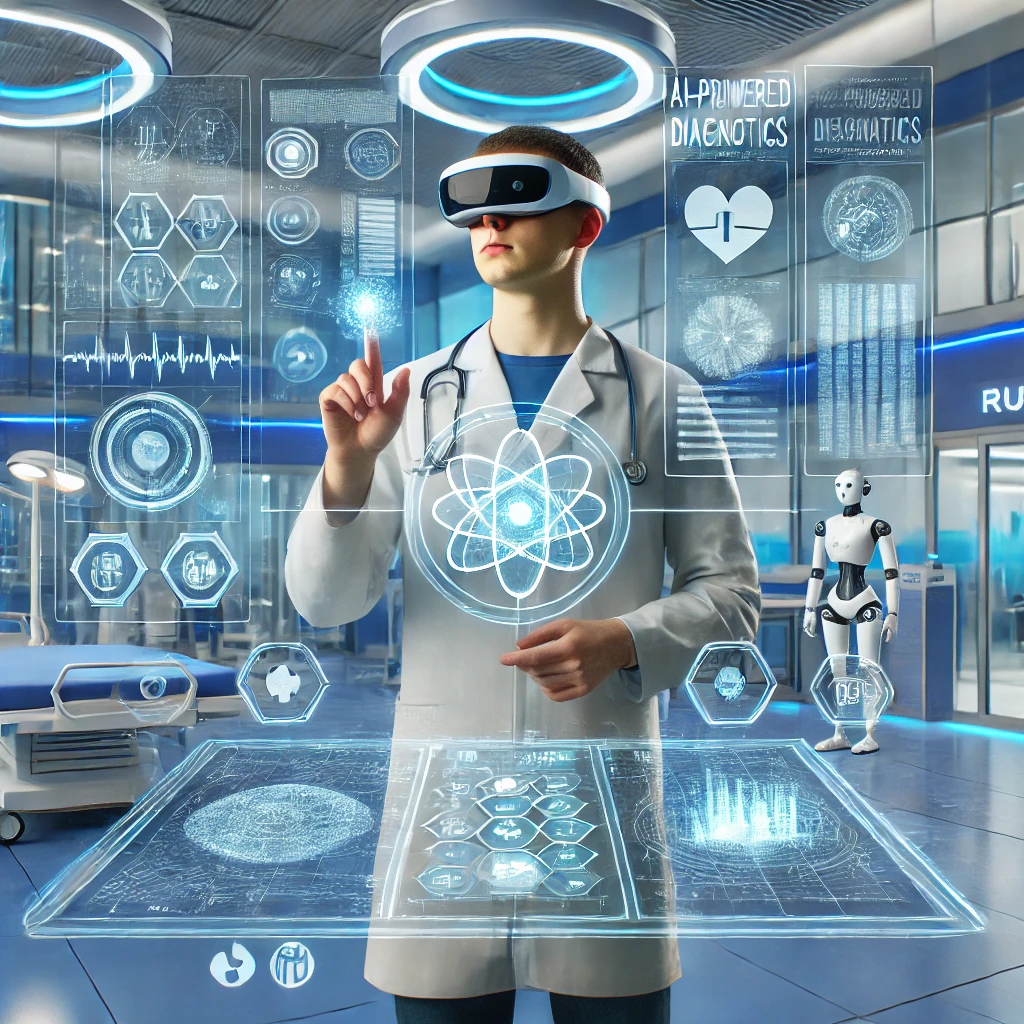 Santé et high-tech. Professionnel de santé interagissant avec une interface holographique avancée, illustrant l'intégration de l'IA et des technologies médicales