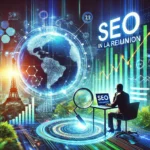 Illustration futuriste du référencement naturel à La Réunion, mettant en avant un écran holographique avec des graphiques SEO et un professionnel analysant les données.