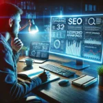 Un expert en marketing digital travaille sur l'optimisation SEO à son bureau, analysant des données de classement sur un écran avec des graphiques de moteurs de recherche et des statistiques SEO.