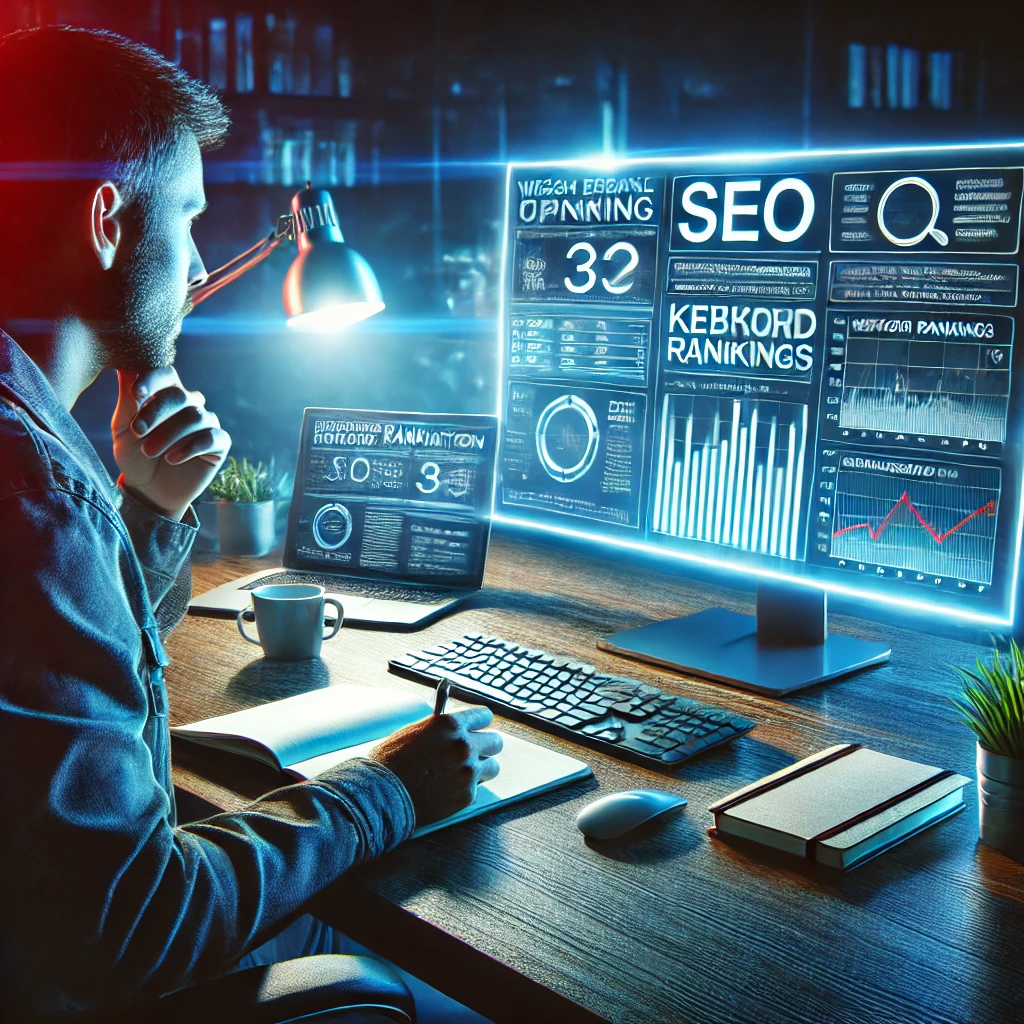 Un expert en marketing digital travaille sur l'optimisation SEO à son bureau, analysant des données de classement sur un écran avec des graphiques de moteurs de recherche et des statistiques SEO.