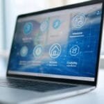 Ordinateur portable affichant un site web avec des icônes et le texte