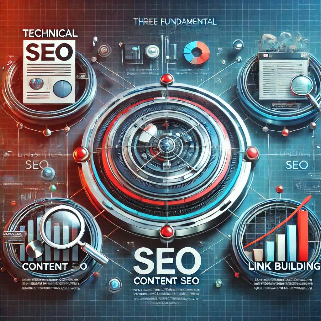Infographie illustrant les trois piliers fondamentaux du SEO : SEO technique, SEO de contenu et netlinking, avec un design moderne et numérique.