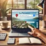 Image représentant le référencement naturel local à La Réunion. Un ordinateur portable affiche une recherche Google Maps avec un commerce local mis en avant, une main pointant l'écran. L’environnement de travail comprend un smartphone, un carnet et une tasse de café, avec un paysage tropical visible en arrière-plan.