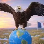 Un aigle américain, symbole des USA, se tient sur un globe terrestre représentant l'Amérique du Nord, avec un drapeau français flottant au loin. Cette image symbolise la comparaison entre la culture de la réussite financière aux États-Unis et en France, évoquant les thèmes de gagner de l'argent, de l'économie, de l'entrepreneuriat et des différences culturelles.