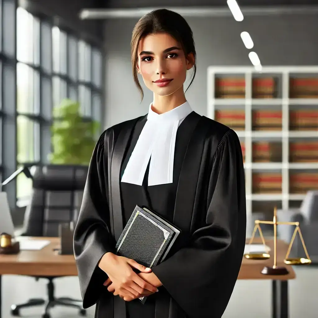 image d'une avocate dans son bureau avec dossier dans les mains.