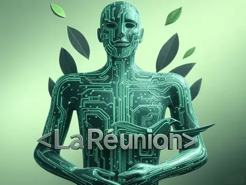Illustration futuriste d’un humanoïde numérique avec des circuits imprimés et des feuilles symbolisant l’innovation et l’écologie à La Réunion.