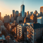 Vue aérienne d'une ville au coucher du soleil, avec des gratte-ciel modernes et des bâtiments plus anciens pour investir aux US, suggérant un mélange d'architecture urbaine et historique.