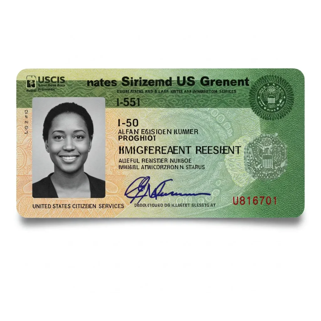 Green Card USA américaine avec des informations clés.