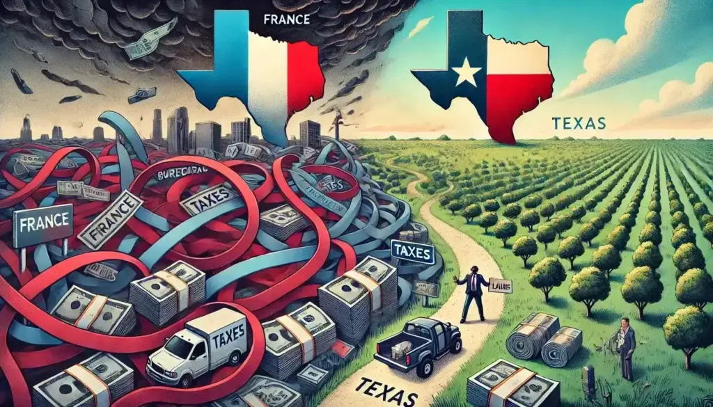 Comparaison entre le foncier en France et au Texas : bureaucratie et taxes en France contre opportunités et liberté au Texas.