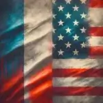 Contraste entre le drapeau français morose et le drapeau américain vibrant, symbolisant la différence de liberté foncière entre la France et les USA, notamment au Texas.
