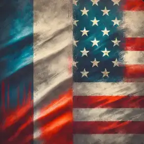 Contraste entre le drapeau français morose et le drapeau américain vibrant, symbolisant la différence de liberté foncière entre la France et les USA, notamment au Texas.