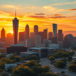 Investir 100k Texas Vue panoramique d'une ville moderne au coucher du soleil, illustrant le dynamisme économique et l'urbanisation rapide, éléments clés du développement urbain et des opportunités d'investissement.