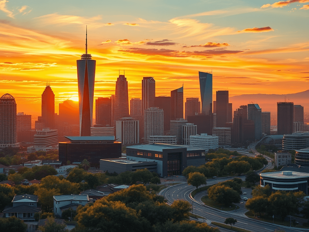 Investir 100k Texas Vue panoramique d'une ville moderne au coucher du soleil, illustrant le dynamisme économique et l'urbanisation rapide, éléments clés du développement urbain et des opportunités d'investissement.