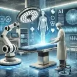 Hôpital du futur avec intelligence artificielle, un robot chirurgical assiste un médecin, écran affichant un diagnostic médical IA.