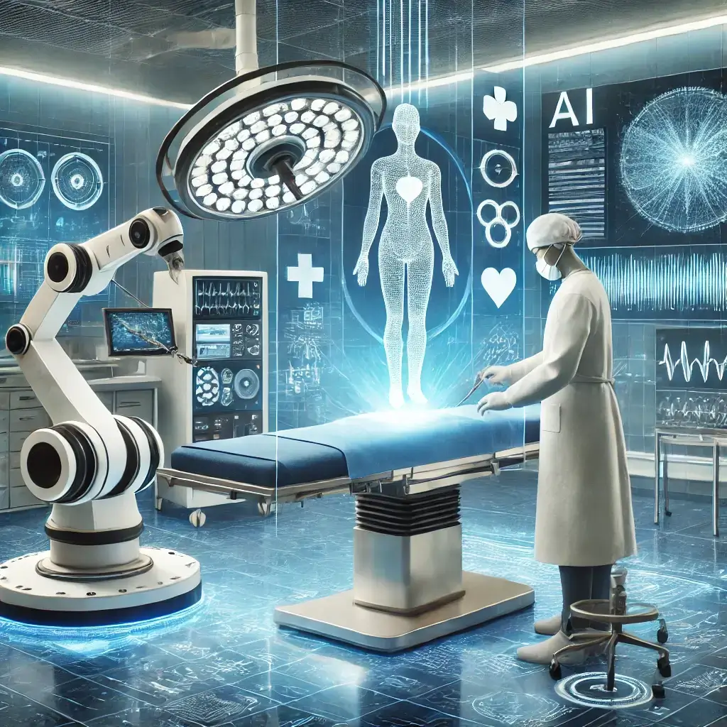 Hôpital du futur avec intelligence artificielle, un robot chirurgical assiste un médecin, écran affichant un diagnostic médical IA.