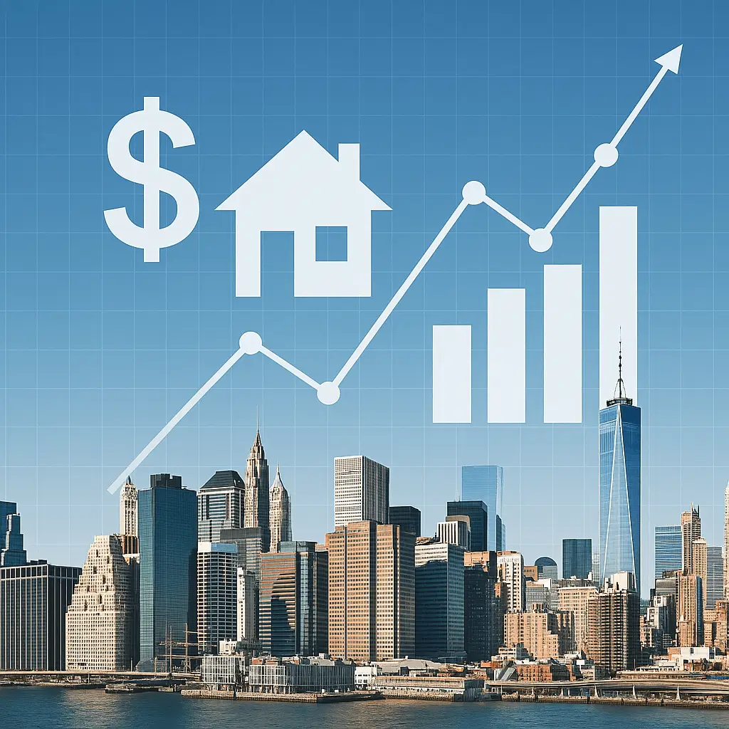Skyline de New York avec graphiques financiers illustrant l’investissement immobilier et boursier aux US